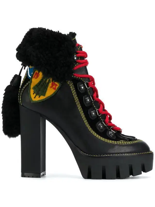 

Abesire Hot Women Fur Thick Platform Ankle Boots Female Round Toe Lace-up Short Boots Girls Sheepskin Square High Heels Shoes