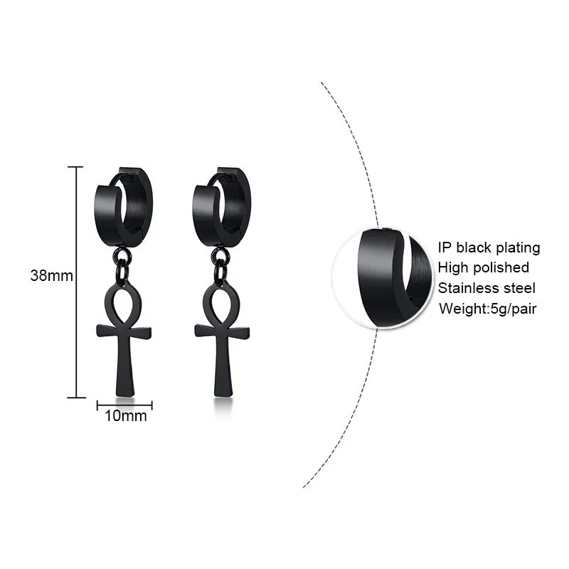 Drop Cross Earring Mens Egyptian Ankh Michael Hang Dangle Earrings Black Stainless Steel Male Punk Jewelry - Image 3