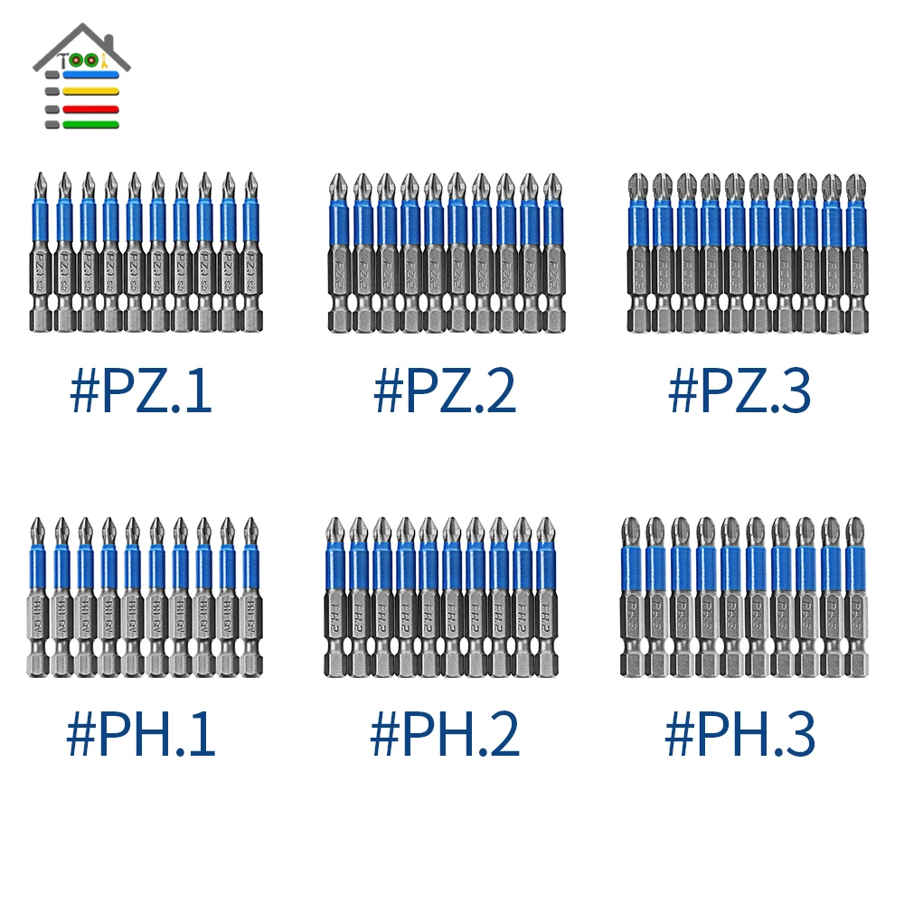 

10Pcs 50mm Anti Slip Screwdriver Bits Magnetic Single Head PH1 PZ1 PH2,PZ2,PH3 PZ3 S2 Steel Electric Tool Phillips Bit Hex Shank