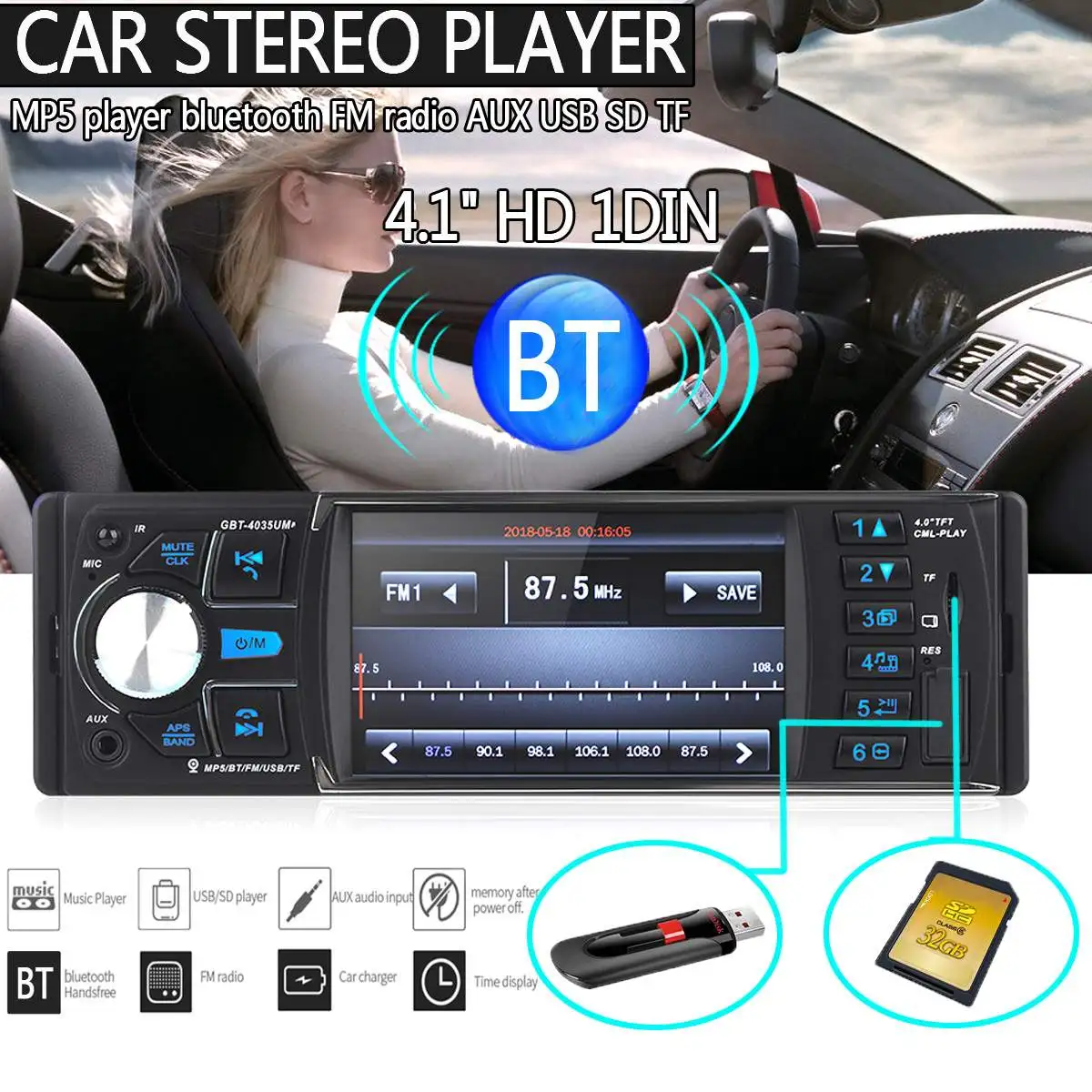 

1DIN HD Car Stereo Video MP5 MP4 Player bluetooth FM Radio AUX USB TF 4.1 Inch full viewing angle high-definition TFT screen