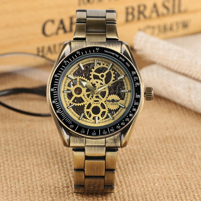 WINNER Retro Bronze Automatic Watch Gear Skeleton Men Watch Male Clock Steampunk Mechanical Men s Fullmetal 1 WINNER Retro Bronze Automatic Watch Gear Skeleton Men Watch Male Clock Steampunk Mechanical Men s Fullmetal 2