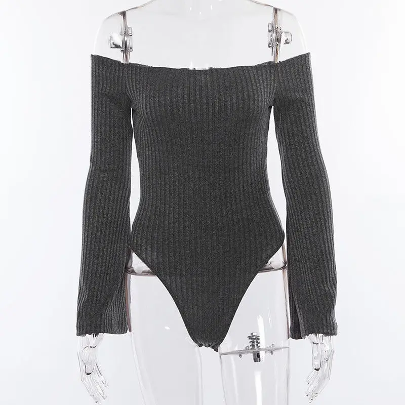 hirigin Off The Shoulder Women Long Flare Sleeve Bodysuit Leotard Grey