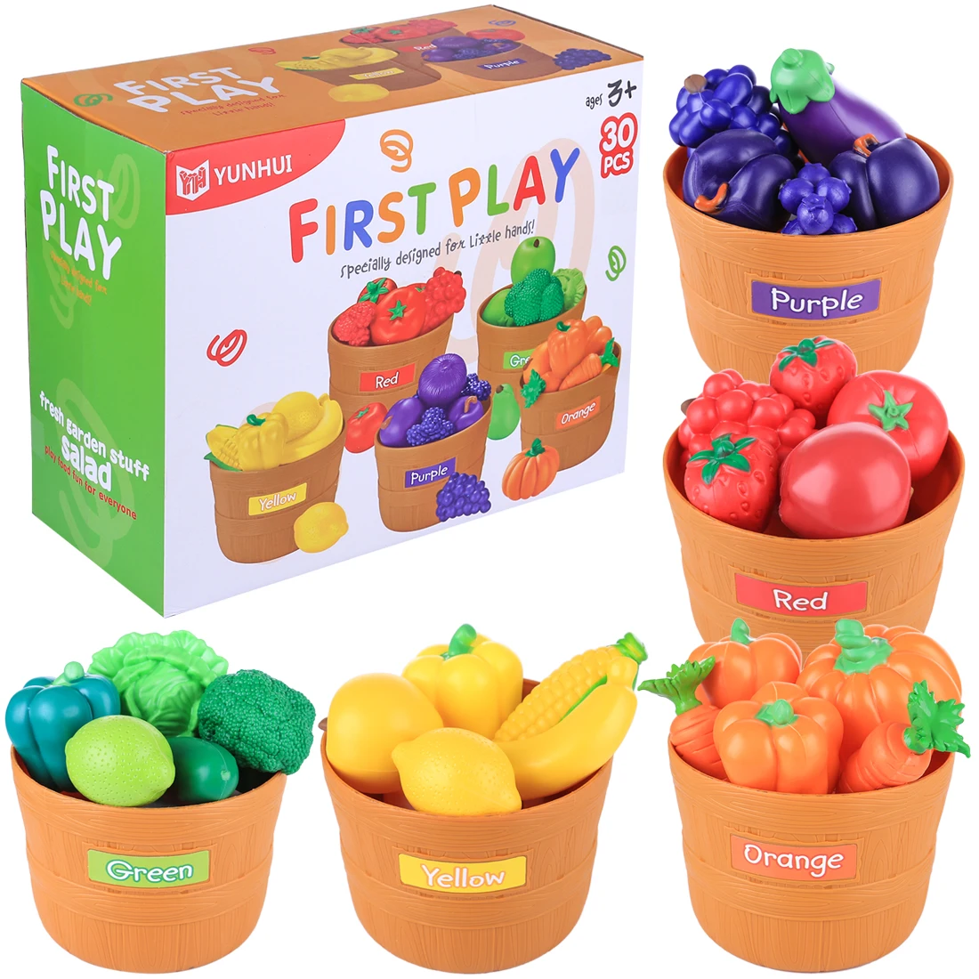 

30Pcs Children Age 3+ Pretend Play Simulated Fruits and Vegetables with 5 Buckets Playset Early Educational Toys Kitchen Toys