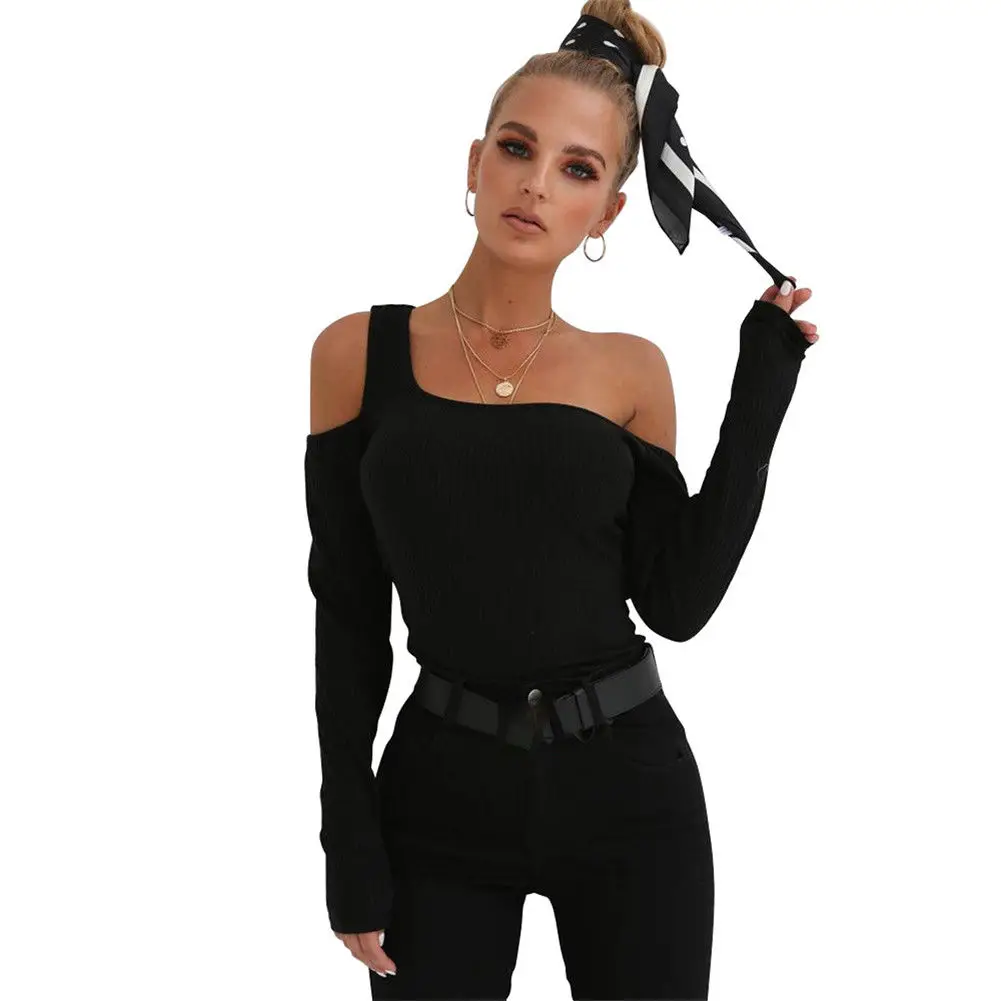 

Sexy Women Ribbed Knit T-Shirt Cutout Off Shoulder Long Sleeve T-shirt Female Autumn Winter Slim One Shoulder Tops
