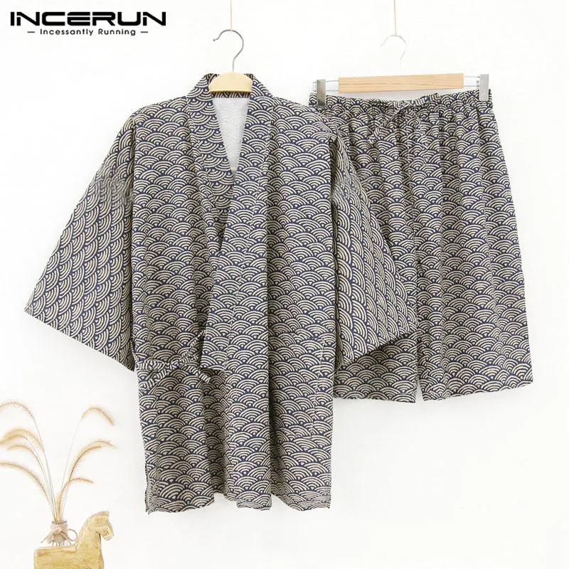 INCERUN Men Pajamas Sets Print Kimono Suit Soft Homewear Short Sleeve Tops & Shorts Japanese Style Men Sleepwear Sets Plus Size INCERUN Men Pajamas Sets Print Kimono Suit Soft Homewear Short Sleeve Tops & Shorts Japanese Style Men Sleepwear Sets Plus Size