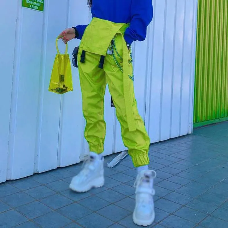 

Women Loose Long Harem Rompers Causal Cotton Elastic Waist Jumpsuit Overalls Solid Chain Buckle Neon Green Playsuits Streetwear