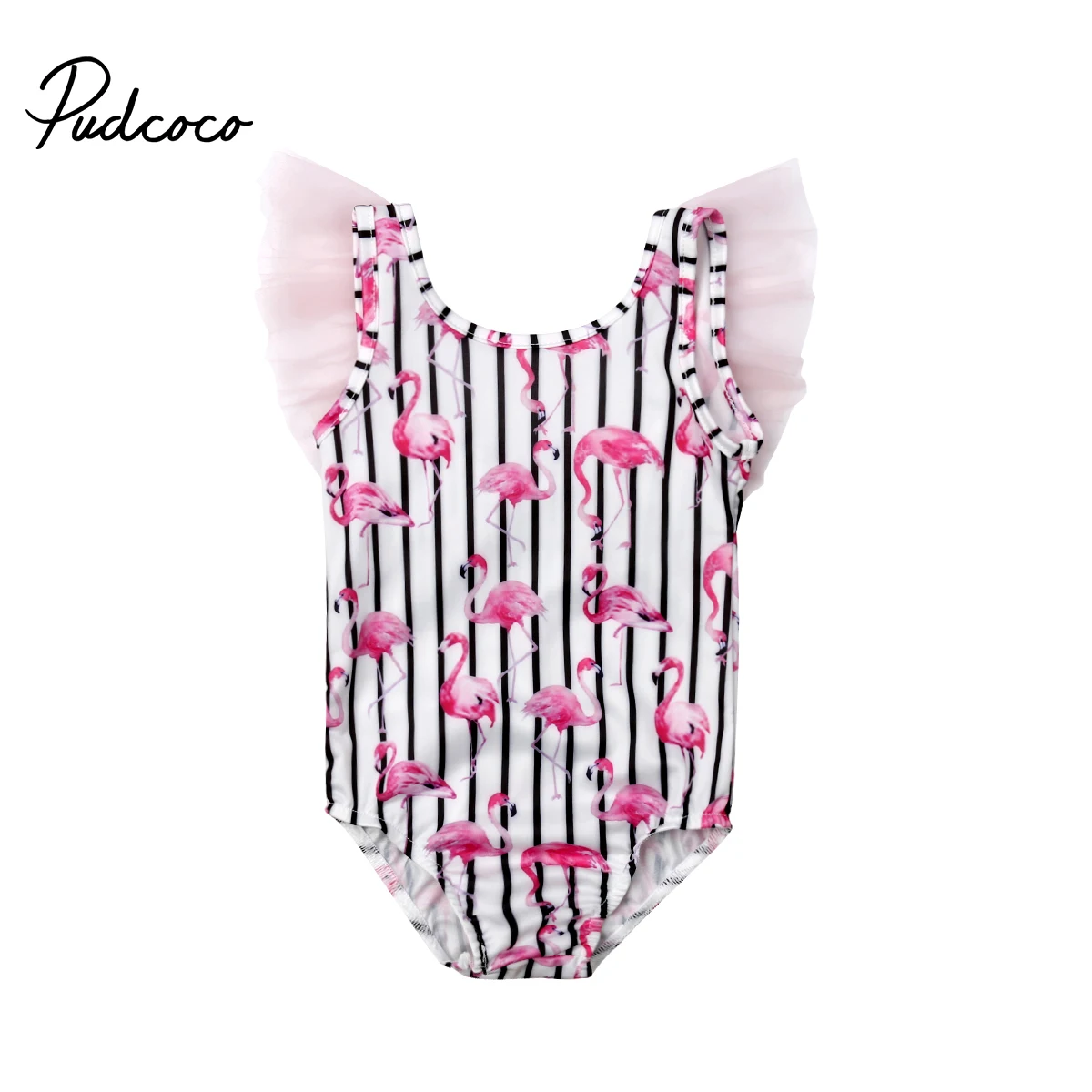 

2019 Brand New Toddler Girls Kids One Piece Swimwear Swimming Costume Ruffles Sleeve Flamingo Striped Swimsuit Bikini Beachwear
