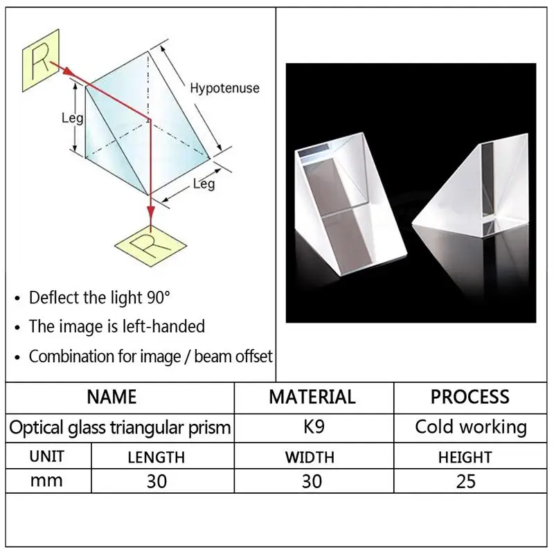 Размер: 30x30x25 мм оптический Стекло классического стиля с треугольной lsosceles под прямым углом K9 призмы для очистки объектива