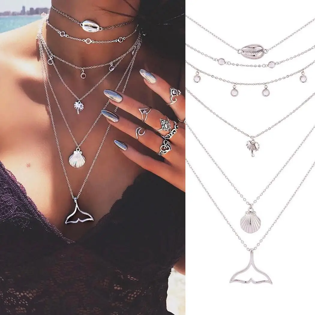 

Women Buckle Layer Link Pendant Casual Necklaces Crystal Rhinestone Necklace Shell Fishtail Shell Multi Chain Lobster