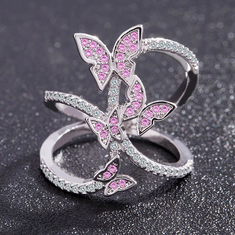 

Wedding Butterfly 1PC Crystal Pink Wings Love Jewelry Rings Women Bride Zircon Size6 7 8 9 10 Silver Fashion Party Seaside