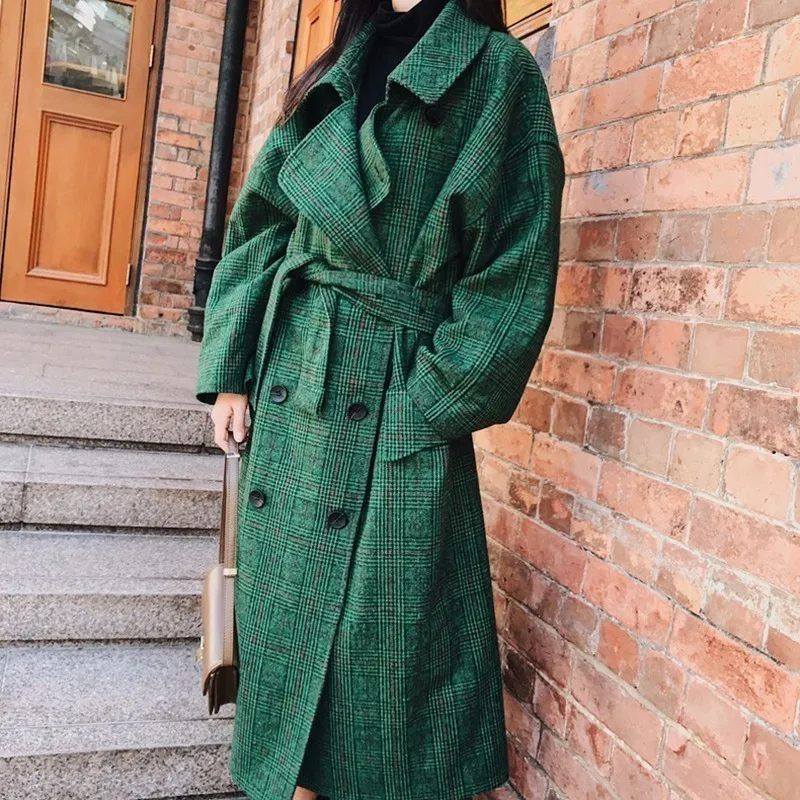 LANMREM 2018 Fashion Autumn Double Breasted Notech Casual Loose Big Size Long Type Green Plaid Women Woolen Coat UA26406