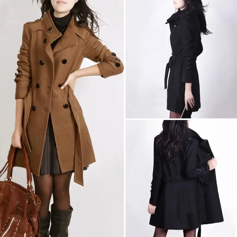 

2018 Autumn Fashion Women Trench Coat Double Breasted Long Sleeve Winter Warm Woolen Coats Pockets Slim Fit Waist Belt Outerwear