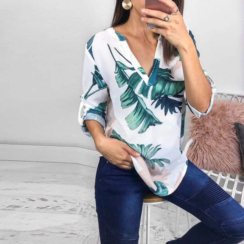 Women Ladies Flower Leaf print Blouses Fashion Ladies Chic V Neck Casual Long Sleeve Shirt Tops Blouse blusas mujer de moda 2019 Women Ladies Flower Leaf print Blouses Fashion Ladies Chic V Neck Casual Long Sleeve Shirt Tops Blouse blusas mujer de moda 2019
