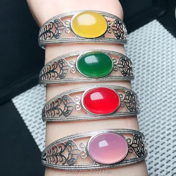 

925 Silve Hand-Inlaid Natural 4 Colour Chalcedony Bracelet/Ring Size Adjustable Beautiful Woman Ornament Gift Set