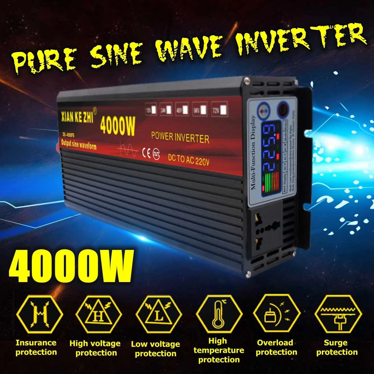 

4000W Pure Sine Wave Inverter DC 12/24/48/60/72V TO AC 220V 50Hz Power Converter LCD Display