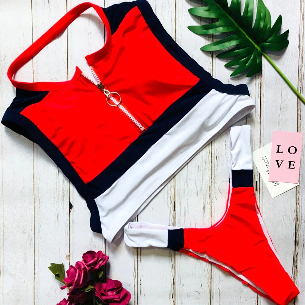 

Belleziva Zipper Split Swimsuit Women Bikinis Brazilian Biquinis Bikinis Set Beachwear Swimwear Female Bathing Suit 2019