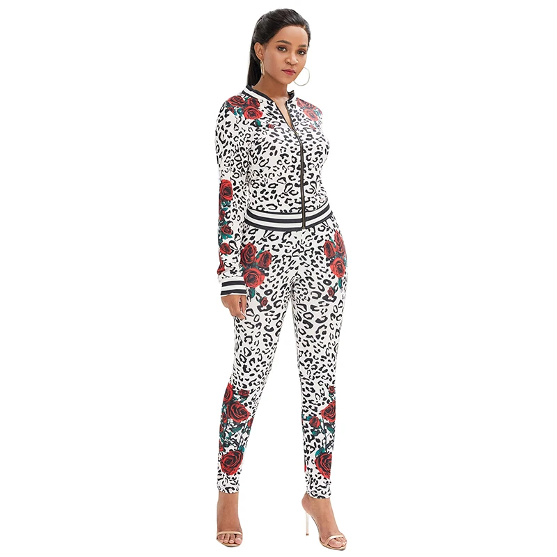 

Sexy Women Floral Print Two Piece Set Zip Front O Neck Long Sleeve Top High Waist Pants Slim Sweat Suits Tracksuit Fitness Set