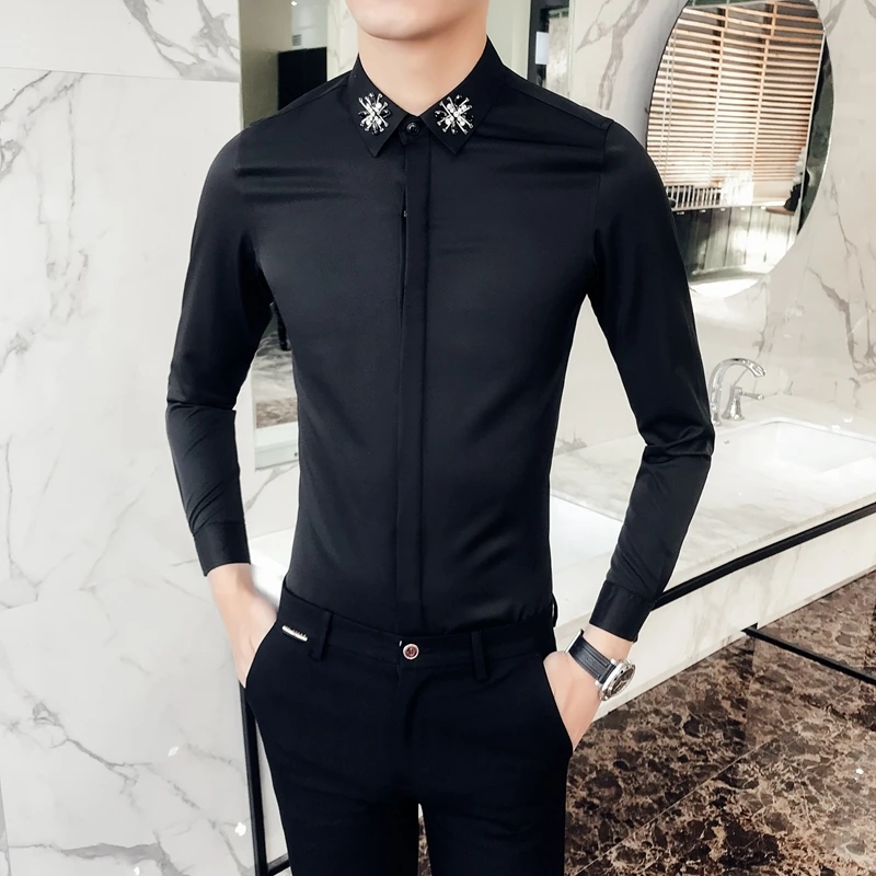 

2019 Luxury diamond black Shirt Men Long Sleeve Slim Fit Dress Shirts Party Club Prom Shirt Men Casual Shirt Camisa Masculina