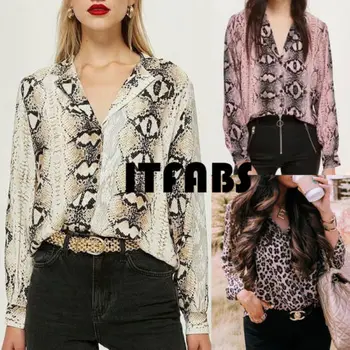

Women Summer Leopard Long Sleeve Button V Neck Casual Blouse Tops