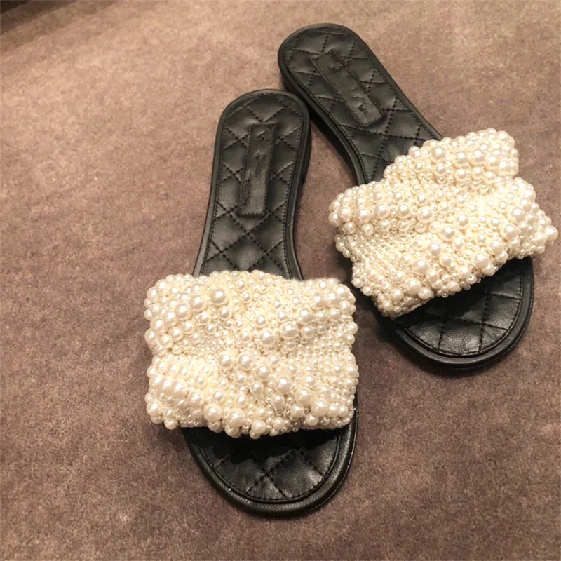 Sommer Ferse Niedrigen Perle Slipper Sapato Stern Fliege Feminino Pic Femmes Strand Schuhe Rutschen Frau Runway Pic Marke Chaussures as Verschönert As qx6zw8