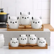 Креативный керамический кухонный набор банок для приправ, керамические тмин банки для соли, три штуки, милая сова, уплотнитель, чайная банка, сахарница с деревянным поддоном