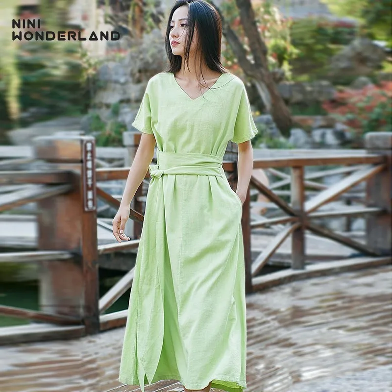 

NINI WOONDERLAND Summer Cotton Linen Dress 2019 Women V Neck Solid Color Vintage Dresses Female Classic Long Dress Short Sleeved