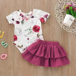 Комплект из 2 предметов для новорожденных и маленьких девочек, комбинезон с цветочным принтом, юбка с оборками + вечерние ная юбка, костюм