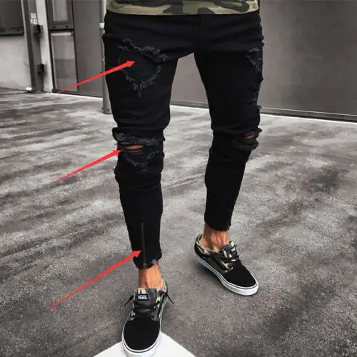 

Mens Cool Designer Brand Black Jeans 2019 New Skinny Ripped Destroyed Stretch Slim Fit Hop Hop Pants With Holes For Me