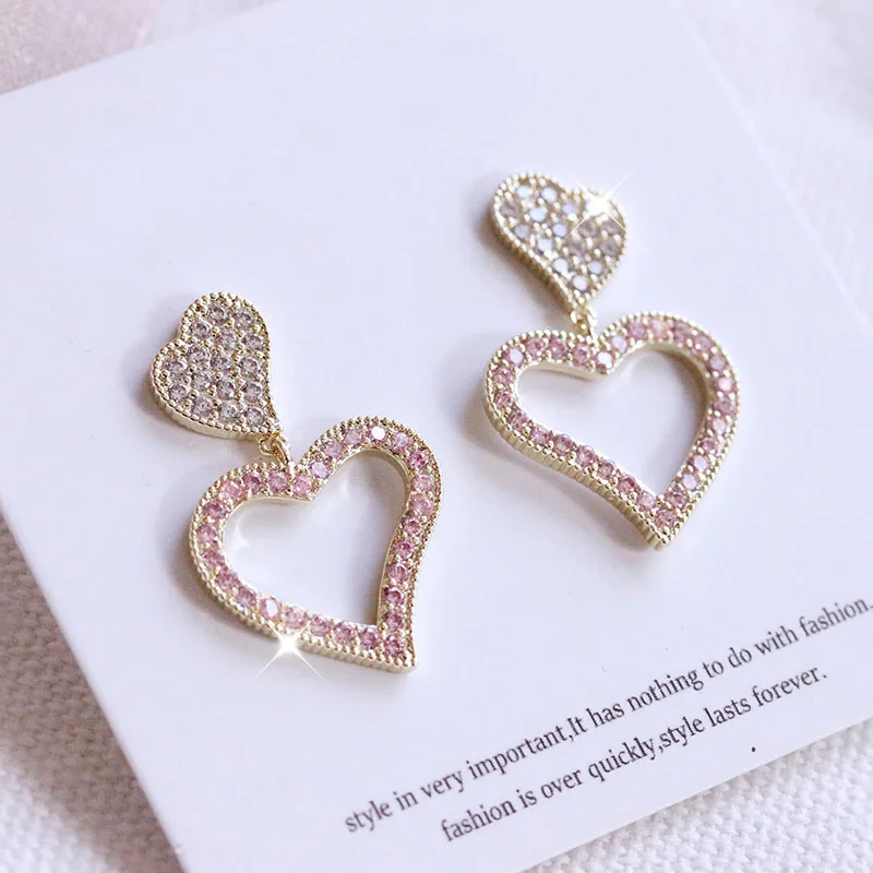 

Korean Style Fashion Pink Double Heart Shape Drop Earrings Cubic zirconia Stone Graceful Small pendant Women Jewelry Accessories
