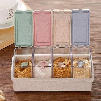 

4 in 1 Kitchen cruet Condiment pot for wheat straw Kitchen Seasoning Salt Jar Seasoning Box Environmental straw material