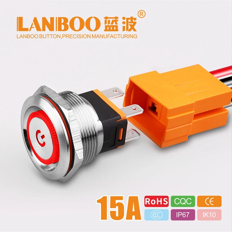 

22MM 15A High current waterproof latching momentary metal LED push button switch