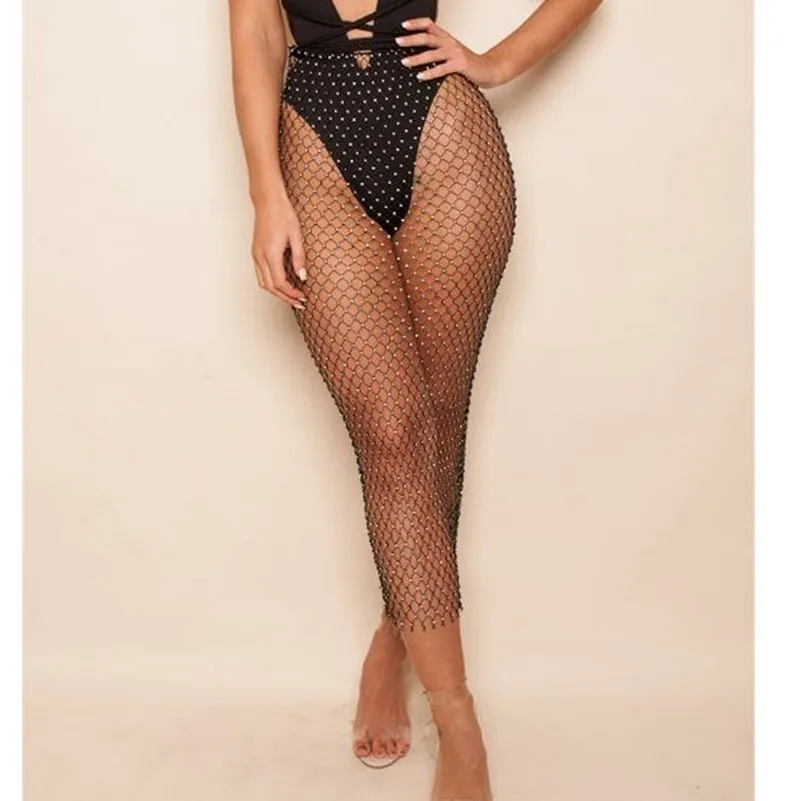 

MUXU summer glitter Grid Diamond Half-body Skirt sexy transparent bodycon woman clothes party black ladies club skirts 2019