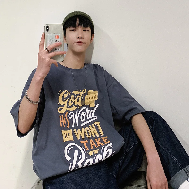 

Men's T - shirt 2019 summer new slim monogrammed short sleeve loose casual round neck five sleeve personality youth men's wear