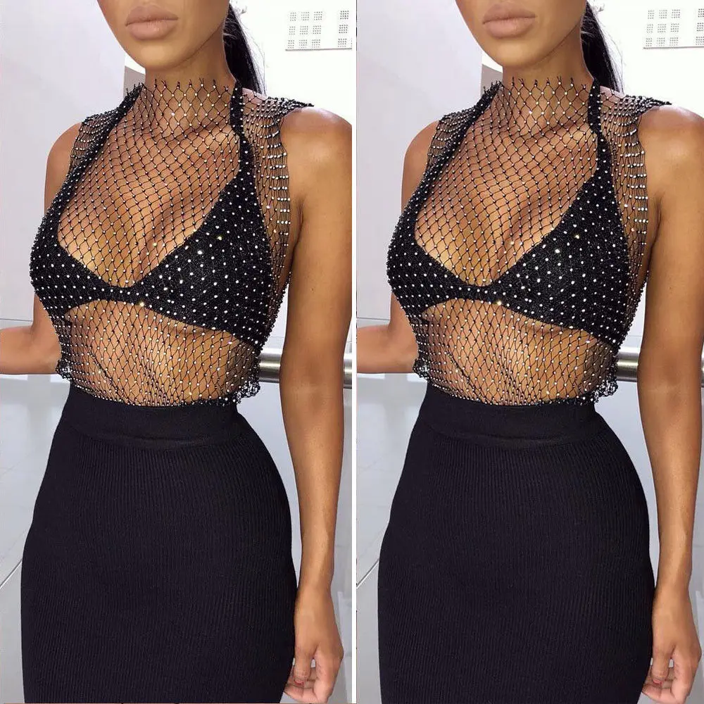 

Summer New Sexy Women Sleeveless Mesh Rhinestone Crop Tops Fashion Fish net Cocktail Party Short Tops T-shirts Beachwear
