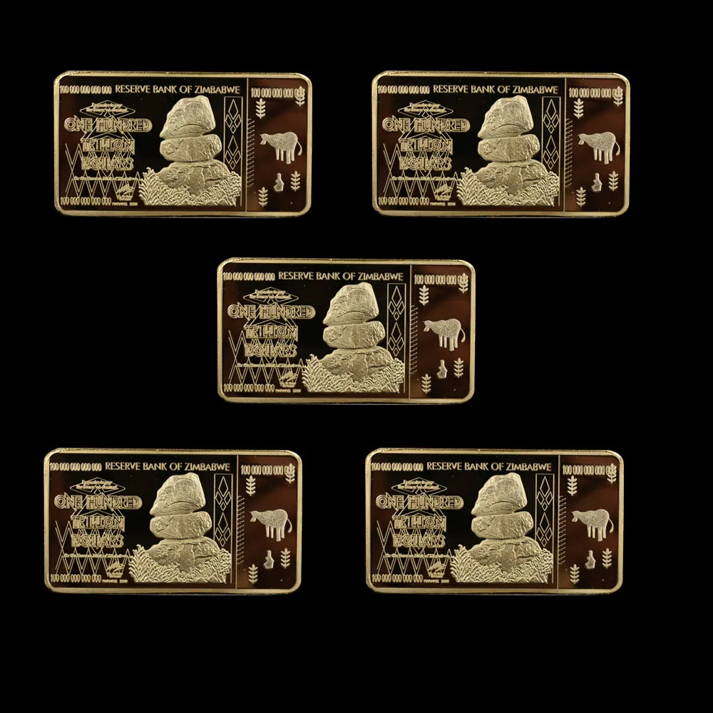 

5 Pieces Exquisite Zimbabwe $ 100 Trillion Dollar Gold Clad &Bullion Bar Reserve Bank of Zimbabwe Coin Challenge Coin