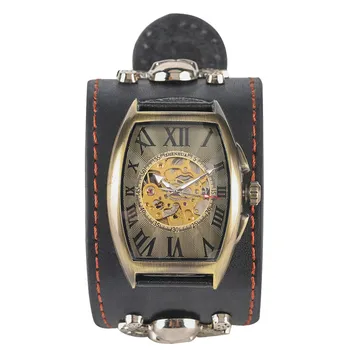 

Premium Leather Punk Mechanical Watches Self Wind for Men Retro Dial Watchband with Skull Decorated Mechanical Wristwatches
