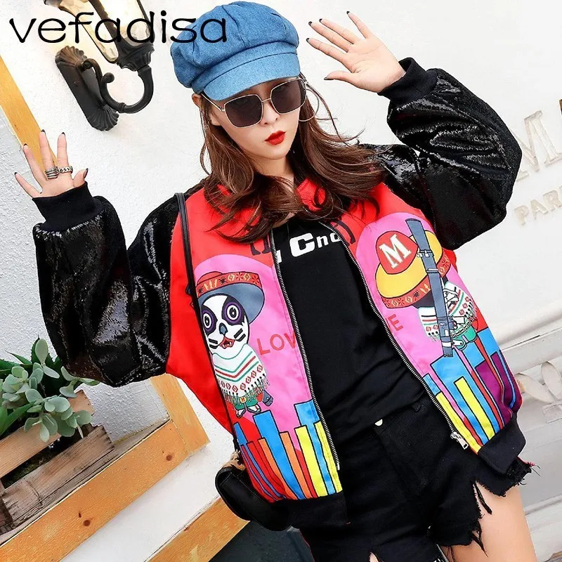 

Vefadisa Sequin Patchwork Jacket Women Cartoon Printing Basic Jacket Sequin Long Sleeve Jacket Thin Zipper Coat ZLD852