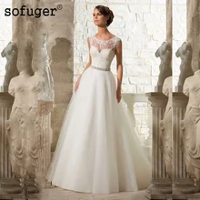 Высококачественное Дешевое кружевное пляжное свадебное платье трапециевидной формы, белое длинное Тюлевое платье из органзы с бисером, Аппликации размера плюс