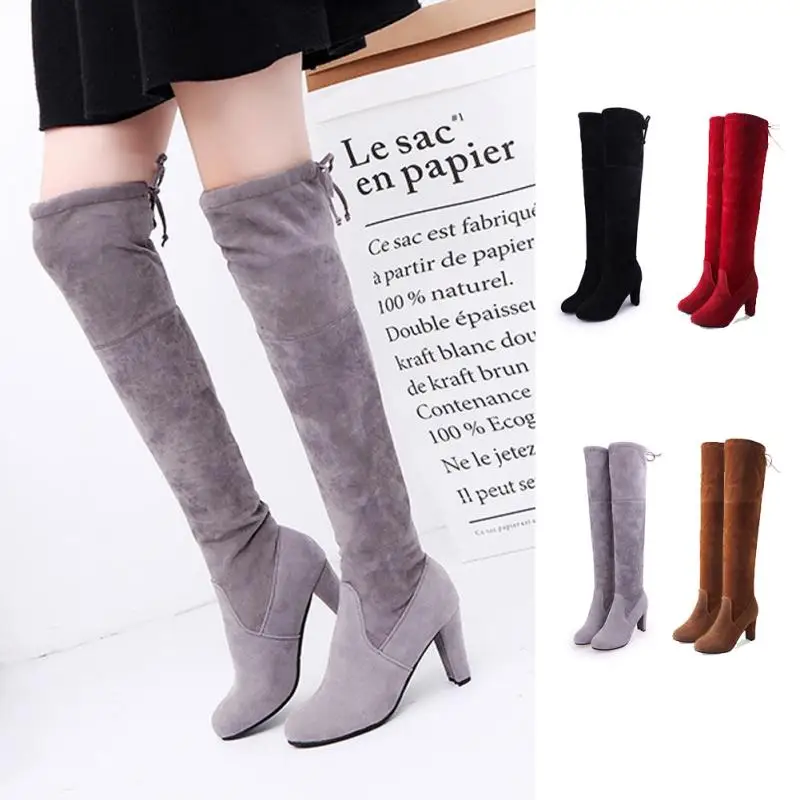 

2018 Fashion Ladies Winter Hight Heel Boot Women Ladies Suede Over the Knee Thigh High Block Heel Lace Tie Boots New