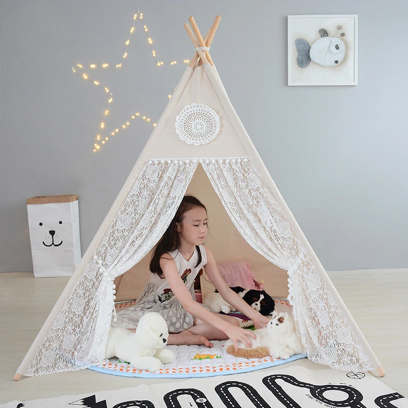 Children Tent Four Poles Cotton Lace Tipi Tent For Girl Play Tent For Kid Wigwam Teepee Baby Cabin Princess Castle Birthday Gift Tent For Girls Tipi Tenttent For Kids Aliexpress