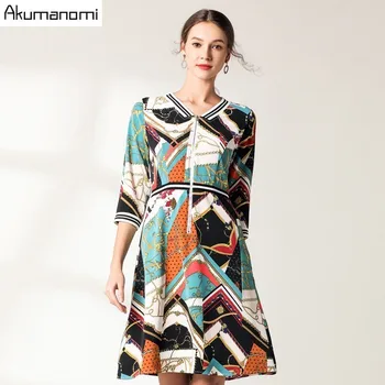 

Chiffon Dress Casual Geometric Print Three Quarter Sleeve Spring Elegant Ladies Dress Zipper V-neck Party Dresses Plus Size