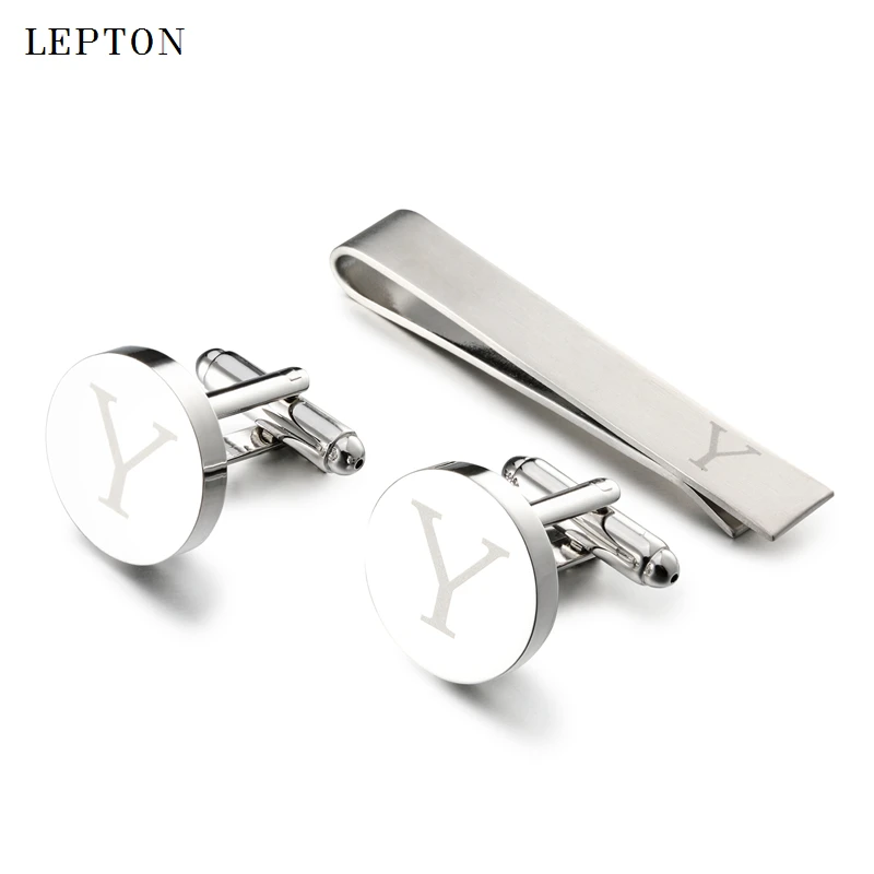 

Lepton Round Laser Letter Cufflinks And Tie Clips Set Letters Y Cuff links For Mens French Shirt Cuffs Cufflink Relojes Gemelos