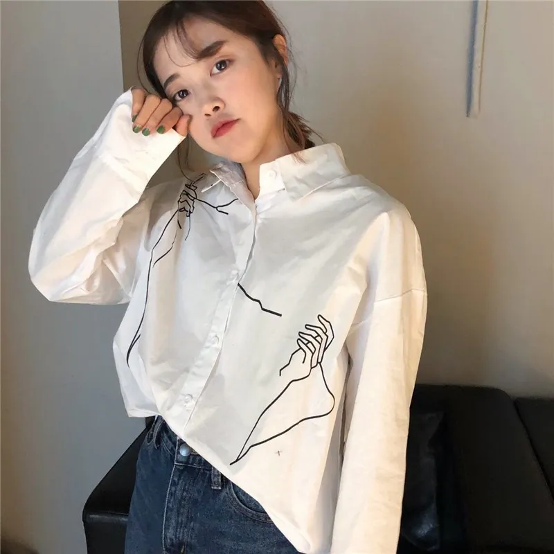 

Korean Fashion Face Printing Blouse Button Women Vintage Cartoon Funny Female Tops Harajuku Long Sleeve Student Shirts