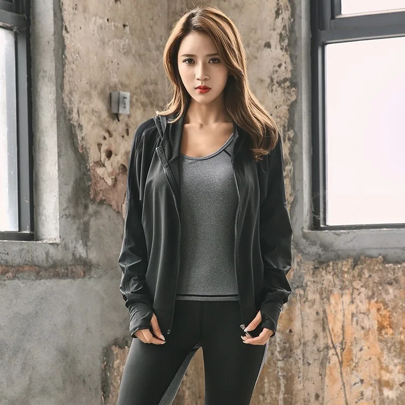 Jaqueta de Corrida do Esporte para Mulheres Moletom com Capuz Treino de Ginásio de Fitness Revestimentos da Trilha Completo Manga Bating Buracos Polegar Treino Camisola Yoga Zip