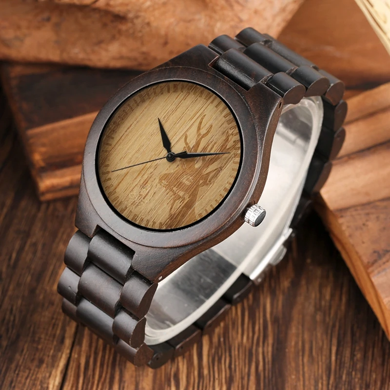 

Men's Watch Wooden Watches Handmade Elk Wrist Watches Deer Analog Quartz Clock Male with Full Ebony Wood Band Relogio Masculino