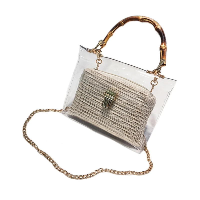 Прозрачная сумка для женщин, Сумка с бамбуковой ручкой, летняя маленькая цепочка, сумки через плечо, дамские соломенные пляжные сумки