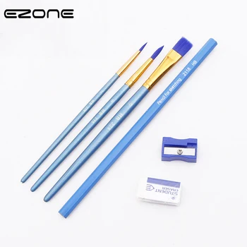 

EZONE 3PCS Paint Brush+1PC Sketch Pens+1PC Eraser For Children Watercolor Oil Painting Wooden Handel Nylon Hair Brush Art Supply