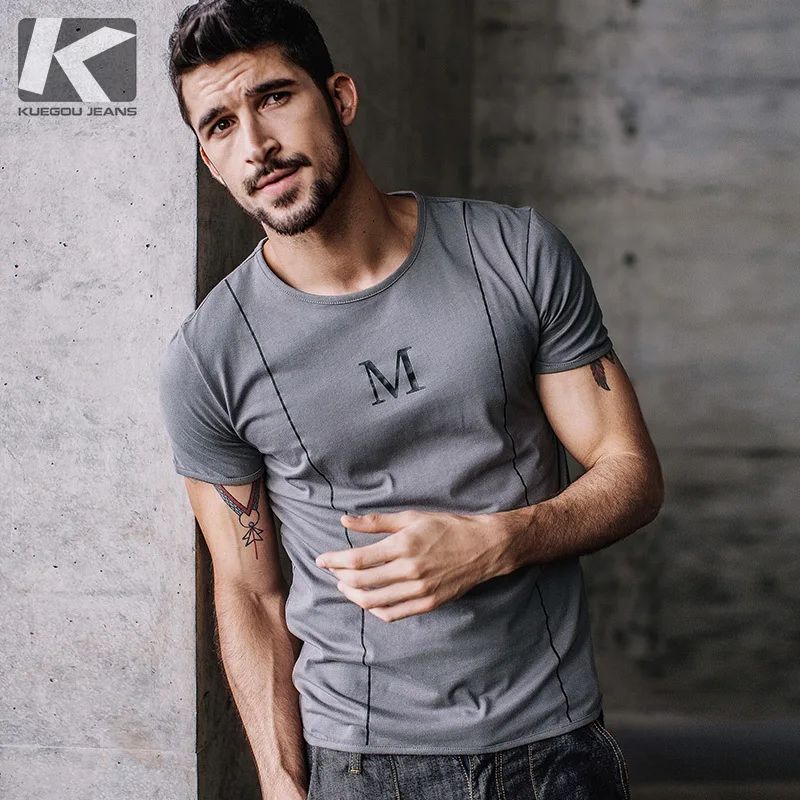 

KUEGOU New Summer Mens T-Shirts 100% Cotton Print Gray Color Brand Clothing Man's Short Sleeve Slim T Shirts Male Tops Tees 3095