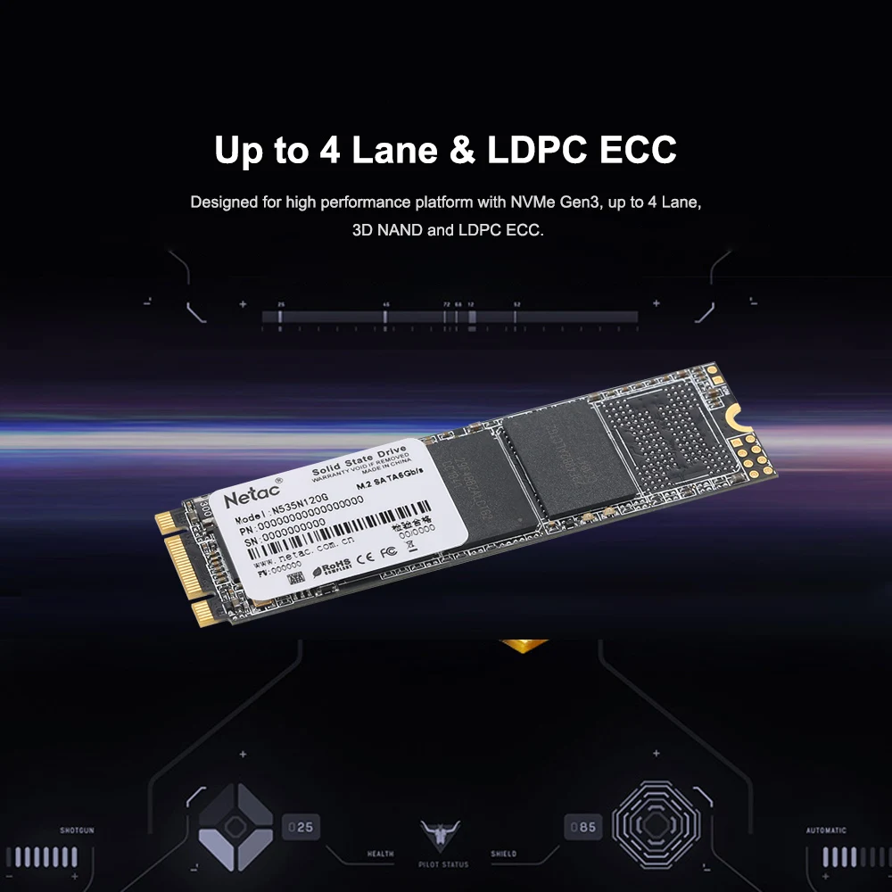 Твердотельный накопитель Netac N535N SSD M.2 2280 SATAIII 6 ГБ/сек. 120 ГБ PCIe Gen3 3D MLC/TLC NAND