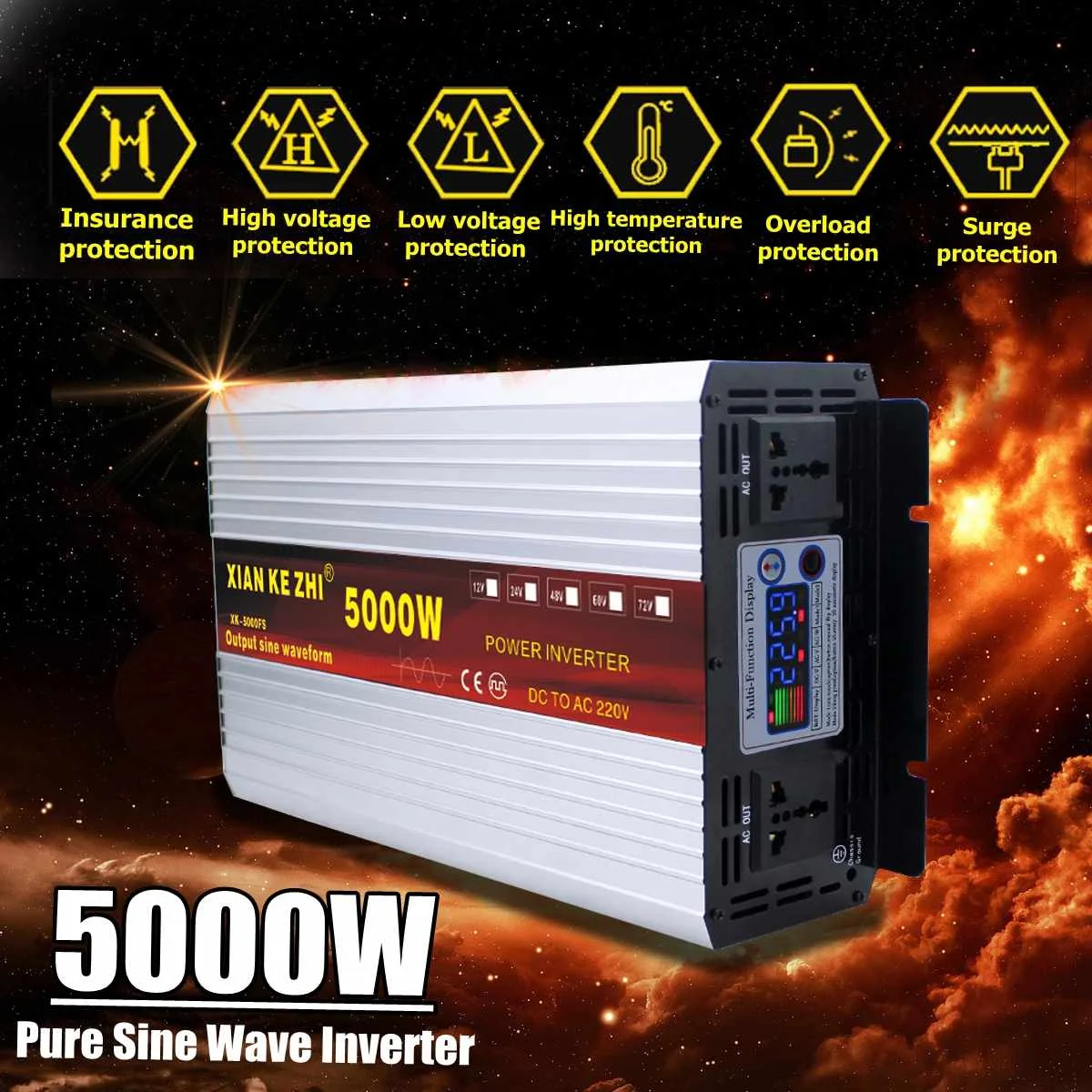 

Intelligent 5000W Pure Sine Wave Inverter DC 12/24/48/60/72V TO AC 220V 50Hz Power Inverter Converter LCD Display